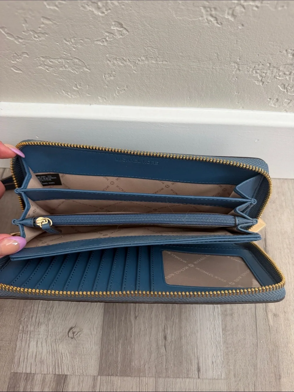 Michael Kors Blue Pebbled Leather Zip Wristlet Wallet with Gold Hardware